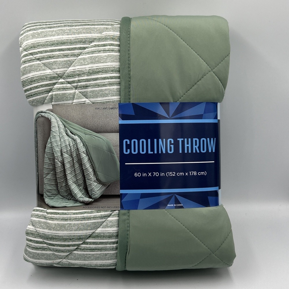 Cooling Throw Blanket Green Striped Quilted Reversible Air Dry Costco 60x70 NEW